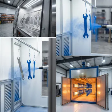 Step-by-step powder coating process from media blasting to cured finished parts