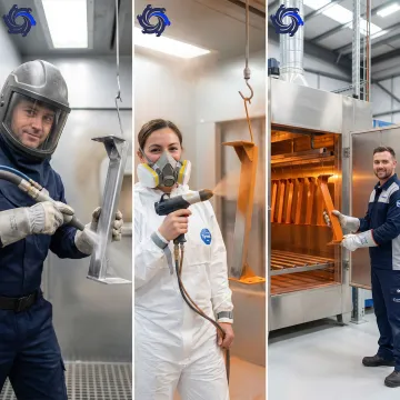 Step-by-step powder coating process showing media blasting, powder application, and curing oven stages