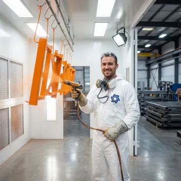 Professional powder coating technician applying uniform finish to metal parts in an industrial spray booth