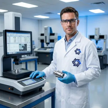 Technician performing surface finish inspection on a precision metal component using optical measurement equipment
