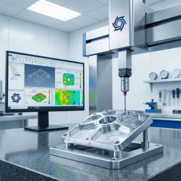 CMM inspection of a precision metal component with measurement data displayed on a computer screen