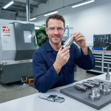 CNC machinist reviewing precision turned parts on a workbench next to a Haas lathe turning center