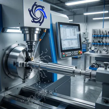 CNC lathe machine producing a precision turned metal component in a professional machine shop