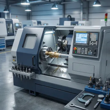 CNC lathe machine producing precision turned metal components in a manufacturing facility