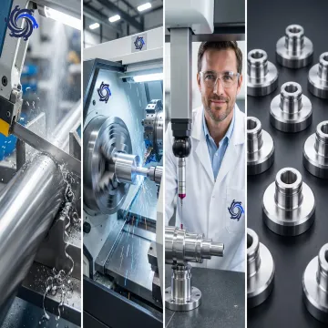 Step-by-step CNC lathe machining process from raw bar stock to finished precision turned part