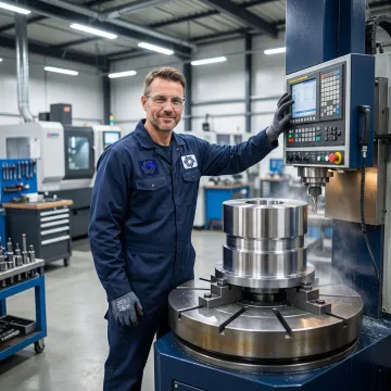 CNC machinist operating a vertical lathe in a precision machine shop
