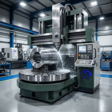 Large capacity vertical lathe CNC machine producing a heavy precision component in a professional machine shop