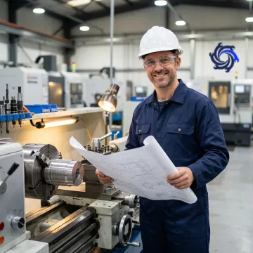CNC lathe operator reviewing technical drawing next to a turning center in a precision machine shop