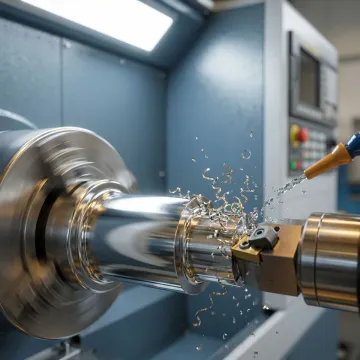 CNC lathe machine producing a precision turned metal component in a manufacturing facility