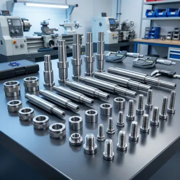 Precision CNC turned components including shafts and bushings laid out on an inspection table