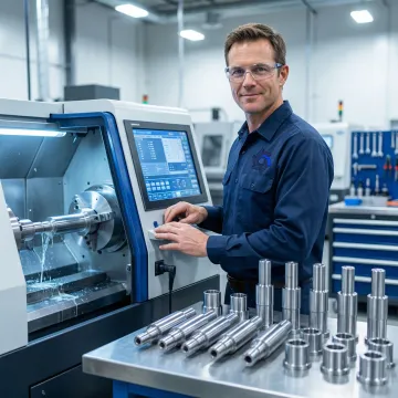 IMTS machinist operating a CNC lathe turning center producing precision metal components
