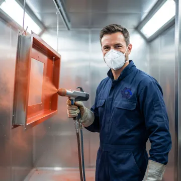 Technician applying powder coat finish to industrial metal parts in a manufacturing facility