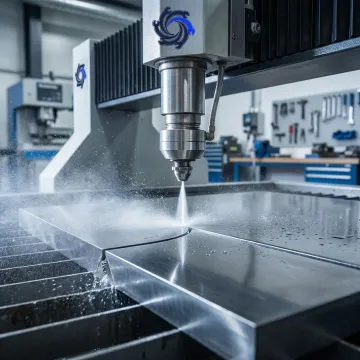 Close-up of water jet cutting machine precisely cutting thick metal plate
