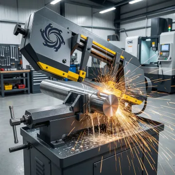 Professional metal band saw cutting through steel bar stock in a machine shop