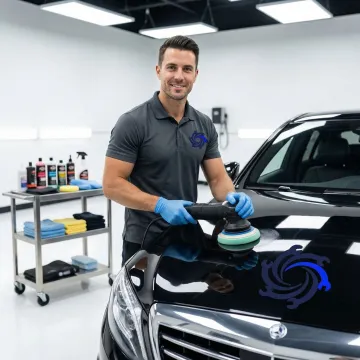 Step-by-step ceramic coating application process on a car in a professional detailing bay