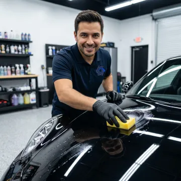 Professional ceramic coating being applied to a car's glossy painted surface