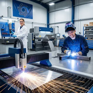 Step-by-step metal fabrication workflow showing cutting, welding, and inspection stages in a manufacturing facility