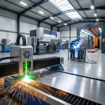 Integrated metal fabrication workflow showing cutting, welding, and finishing processes