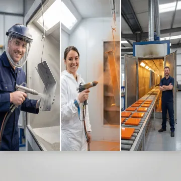 Step-by-step powder coating process from media blasting to oven curing in a manufacturing facility