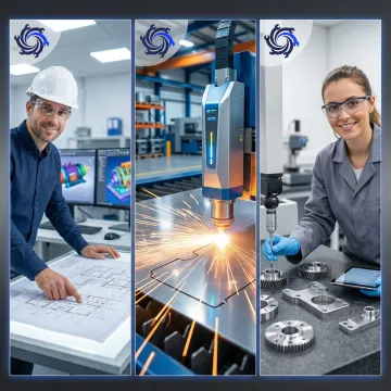 Step-by-step CNC laser cutting workflow showing design, cutting, and inspection stages