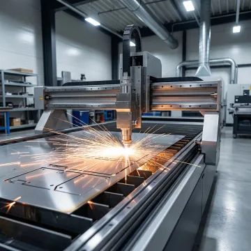 CNC fiber laser cutter cutting sheet metal with precision in a manufacturing facility
