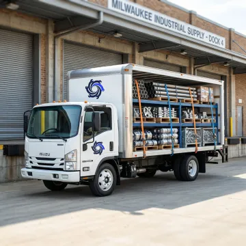 IMTS box truck loaded with industrial components ready for Milwaukee delivery