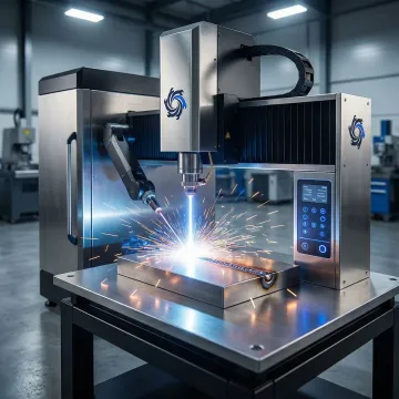 Professional CNC laser welding system producing a precision weld on a metal assembly