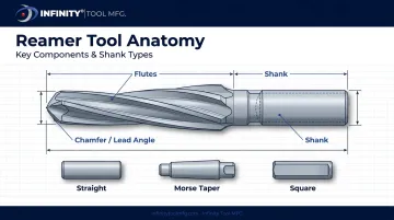 Reamer anatomy diagram showing flutes chamfer angle and shank types