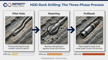 Three-phase HDD rock drilling process from pilot hole to pullback