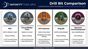Comparison chart of five hard rock drill bit types by application