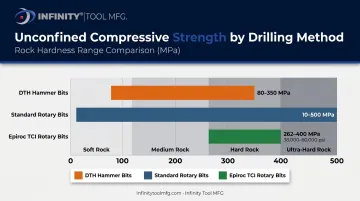 DTH versus rotary drilling rock hardness UCS range comparison chart