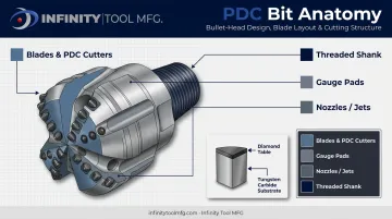 PDC drill bit anatomy diagram showing blades gauge pads and nozzles