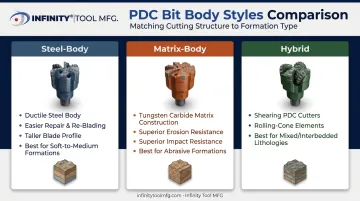 Steel matrix and hybrid PDC bit body style comparison chart