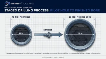 Industrial staged pilot hole to full bore reaming size comparison