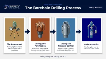 Four-stage borehole drilling process from site assessment to well completion