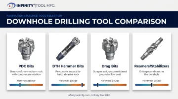 Comparison of PDC bits DTH hammers drag bits and reamers by rock type