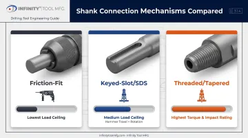 Three drill bit shank connection mechanisms comparison with axial load ratings