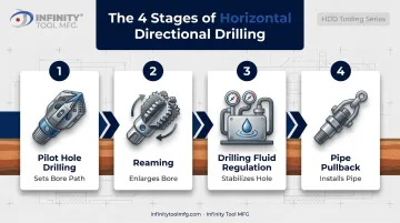 4-stage horizontal directional drilling process flow from pilot hole to pullback