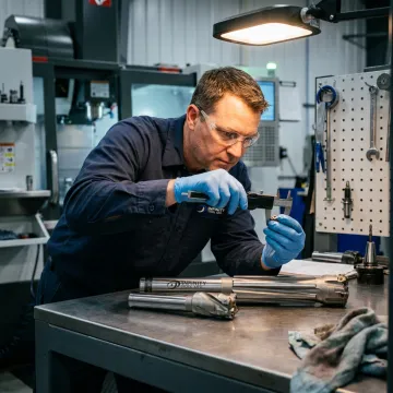 Machinist inspecting HDD rock drilling tool