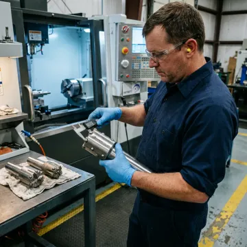 Machinist inspecting air rock drilling bit