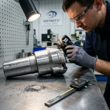 Technician inspecting PDC drill bit cutters