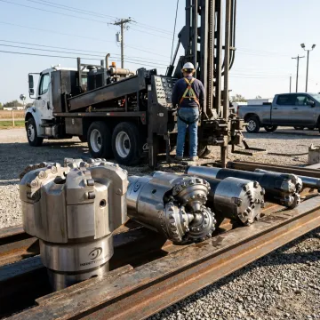 Utility pole drilling equipment and rock drilling tools