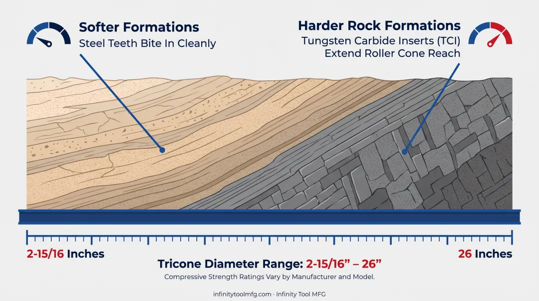 Infinity Tool MFG tricone roller bit lineup various diameters