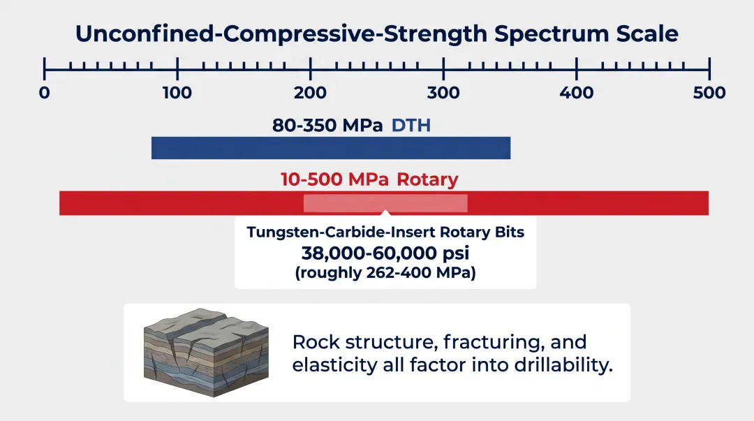 DTH versus rotary drilling rock hardness UCS range comparison chart