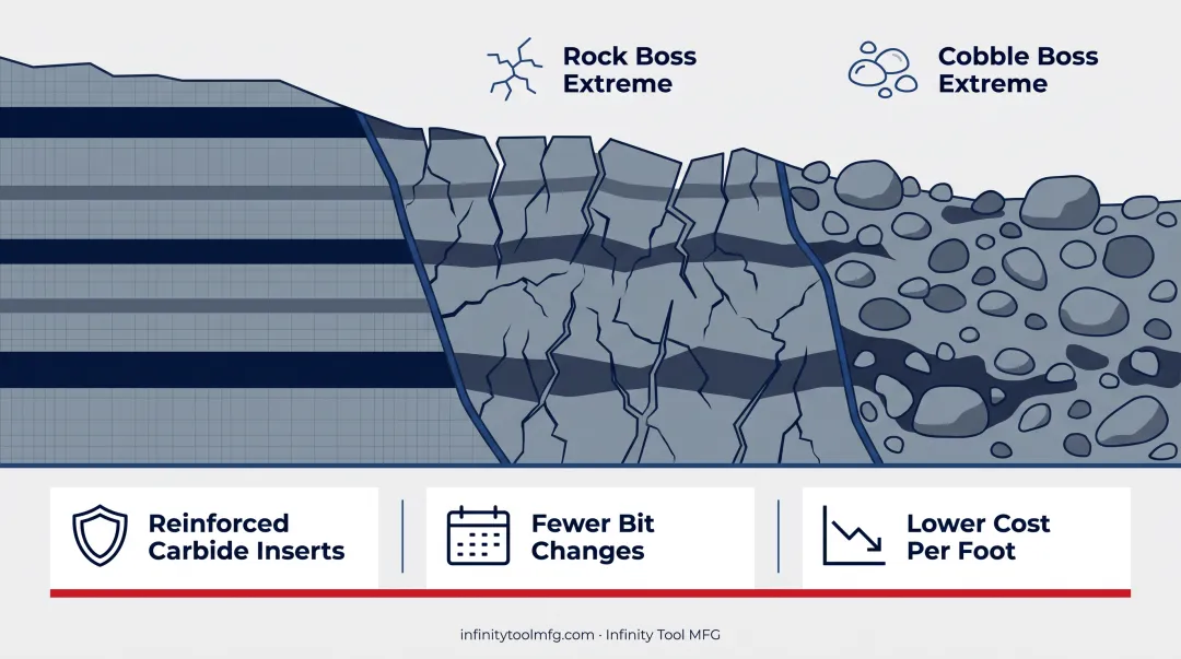 Rock Boss Extreme and Cobble Boss Extreme DTH hammer bits with carbide inserts