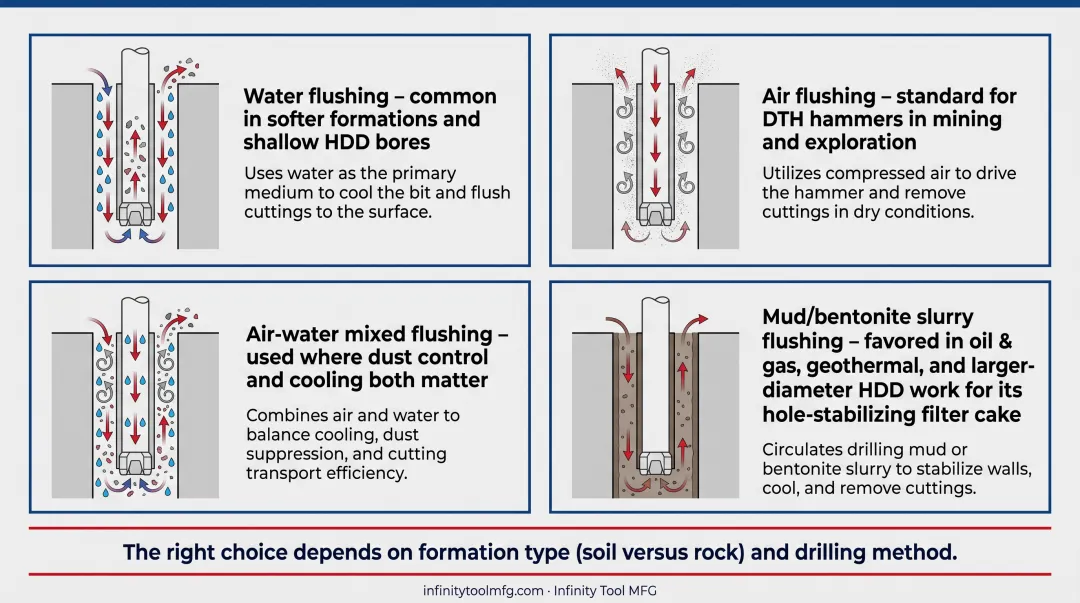 Four flush drilling media types compared for water air and mud