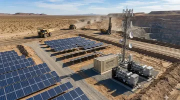 Off-grid mining site with diesel generators and solar panels in remote landscape