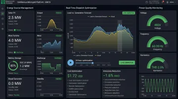 GridGenius microgrid control platform dashboard displaying energy dispatch and power management data
