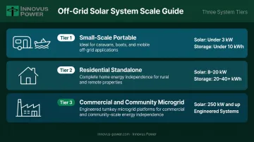 Three off-grid solar system scale types from portable to commercial microgrid