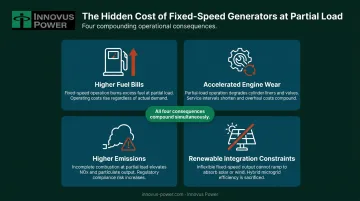 Four compounding cost consequences of fixed-speed generator partial-load operation infographic